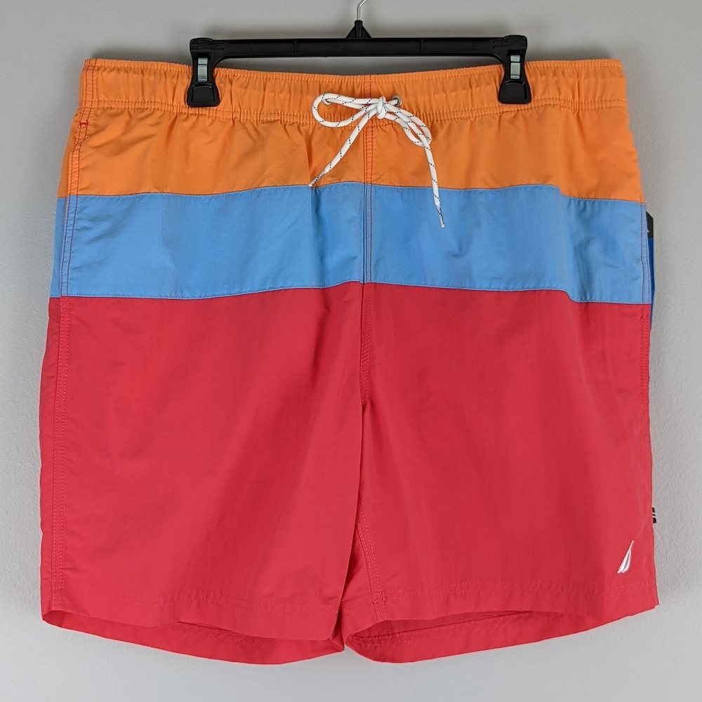 Nautica Men Color Bloc Swim Trunks XL Quick Dry Nectarine